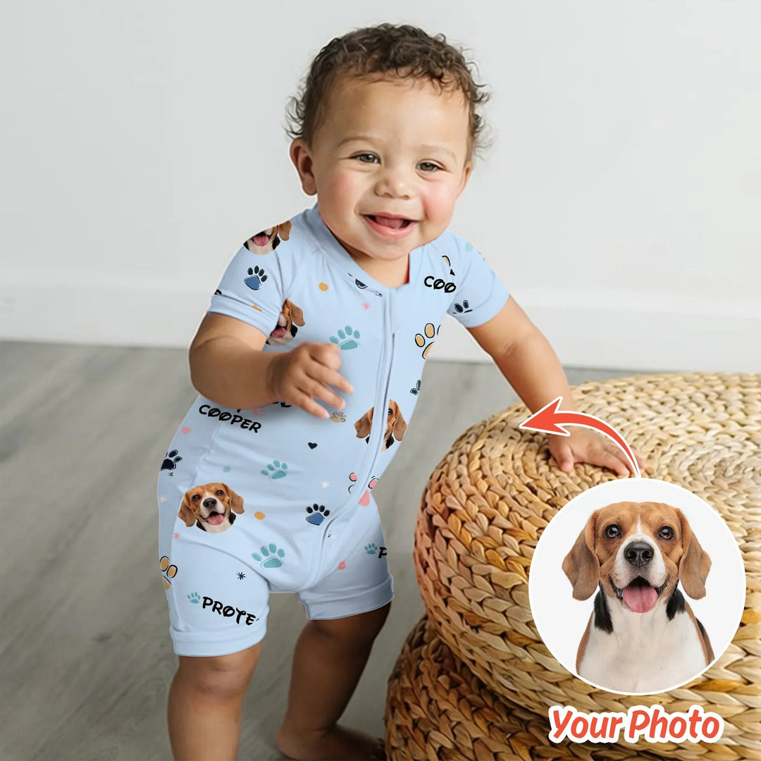 Custom Dog Photo Pattern "Protected By" Shorty Zippered Romper - Zumbamboo