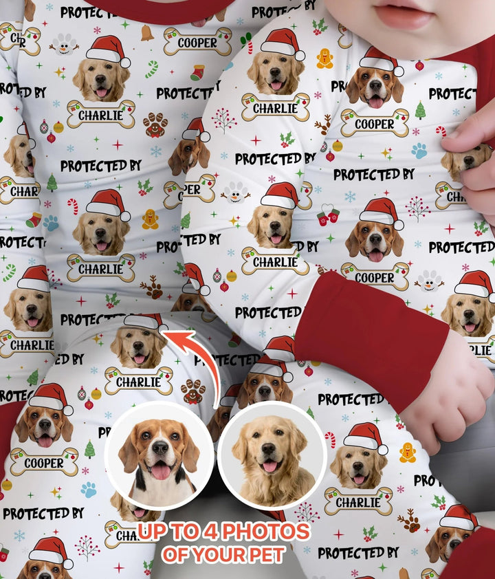 Custom Dog Photo "Protected By" Christmas Two Piece Long Sleeve Pajama Set - Zumbamboo