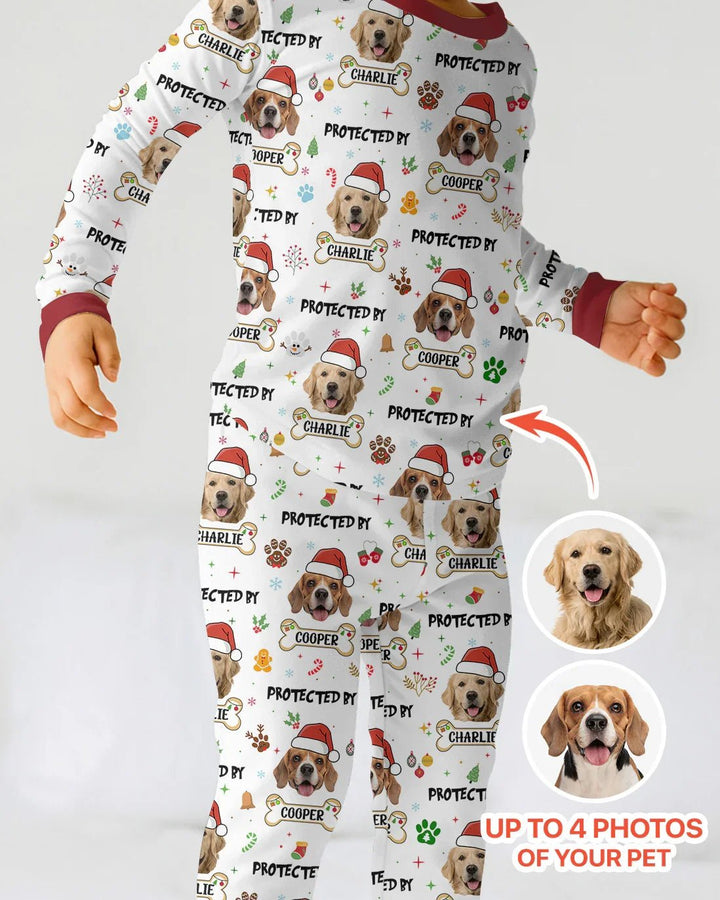 Custom Dog Photo "Protected By" Christmas Two Piece Long Sleeve Pajama Set - Zumbamboo