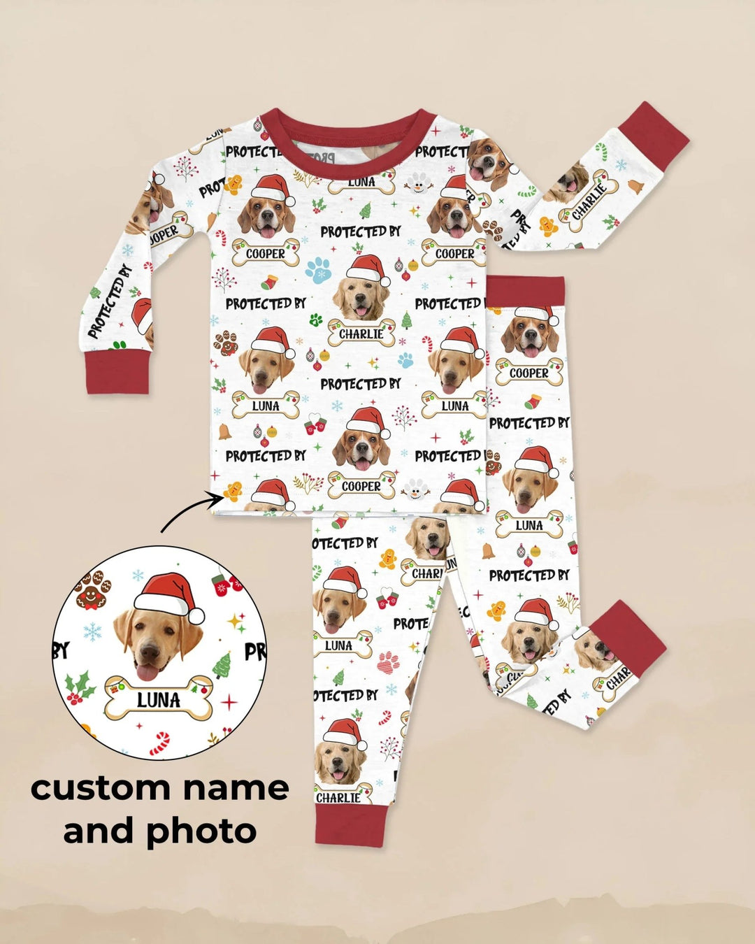 Custom Dog Photo "Protected By" Christmas Two Piece Long Sleeve Pajama Set - Zumbamboo