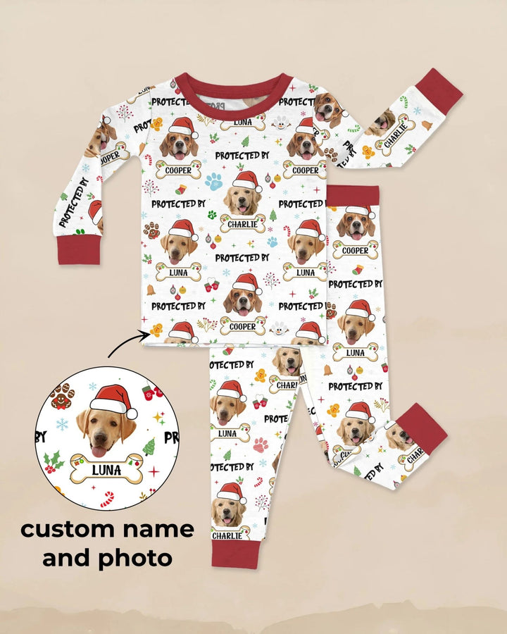Custom Dog Photo "Protected By" Christmas Two Piece Long Sleeve Pajama Set - Zumbamboo