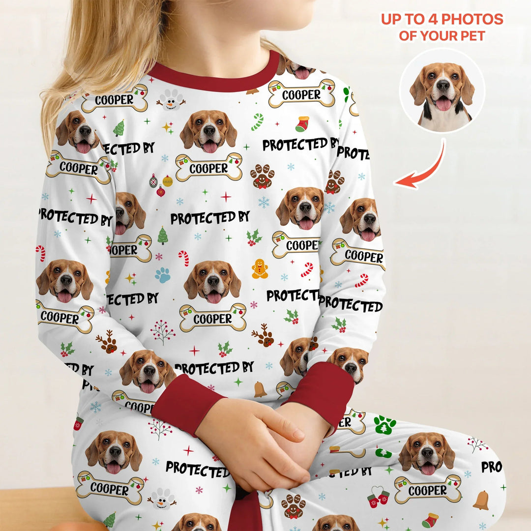 Custom Dog Photo "Protected By" Christmas Two Piece Long Sleeve Pajama Set - Zumbamboo