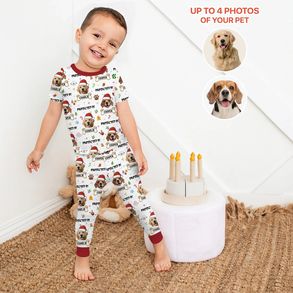 Custom Dog Photo "Protected By" Christmas Two Piece Short Sleeve Pajama Set - Zumbamboo