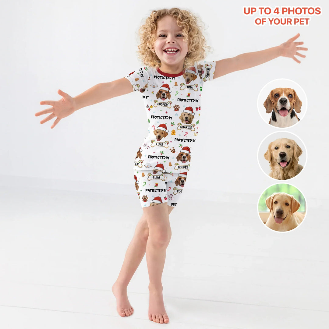 Custom Dog Photo "Protected By" Christmas Two Piece Short Sleeve Shorts Pajama Set - Zumbamboo