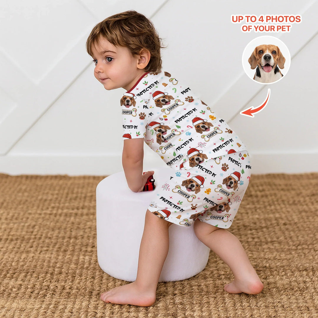 Custom Dog Photo "Protected By" Christmas Two Piece Short Sleeve Shorts Pajama Set - Zumbamboo