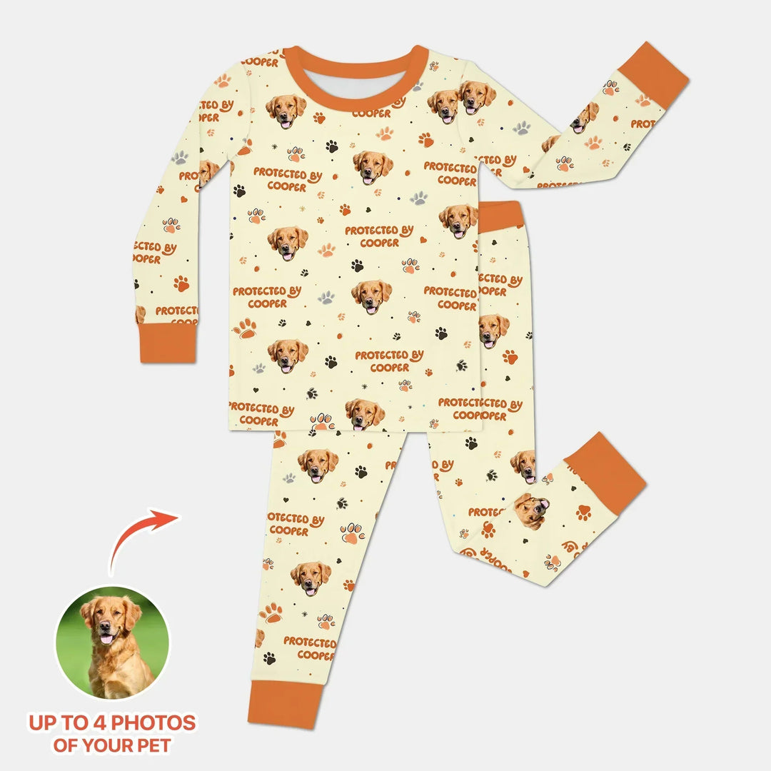 Custom Dog Photos "Protected By" Pawfect Blue Two Piece Long Sleeve Pajama Set - Zumbamboo