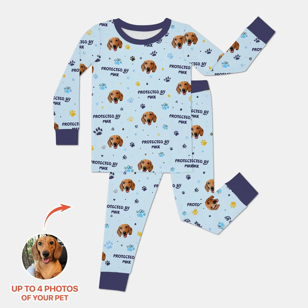 Custom Dog Photos "Protected By" Pawfect Blue Two Piece Long Sleeve Pajama Set - Zumbamboo