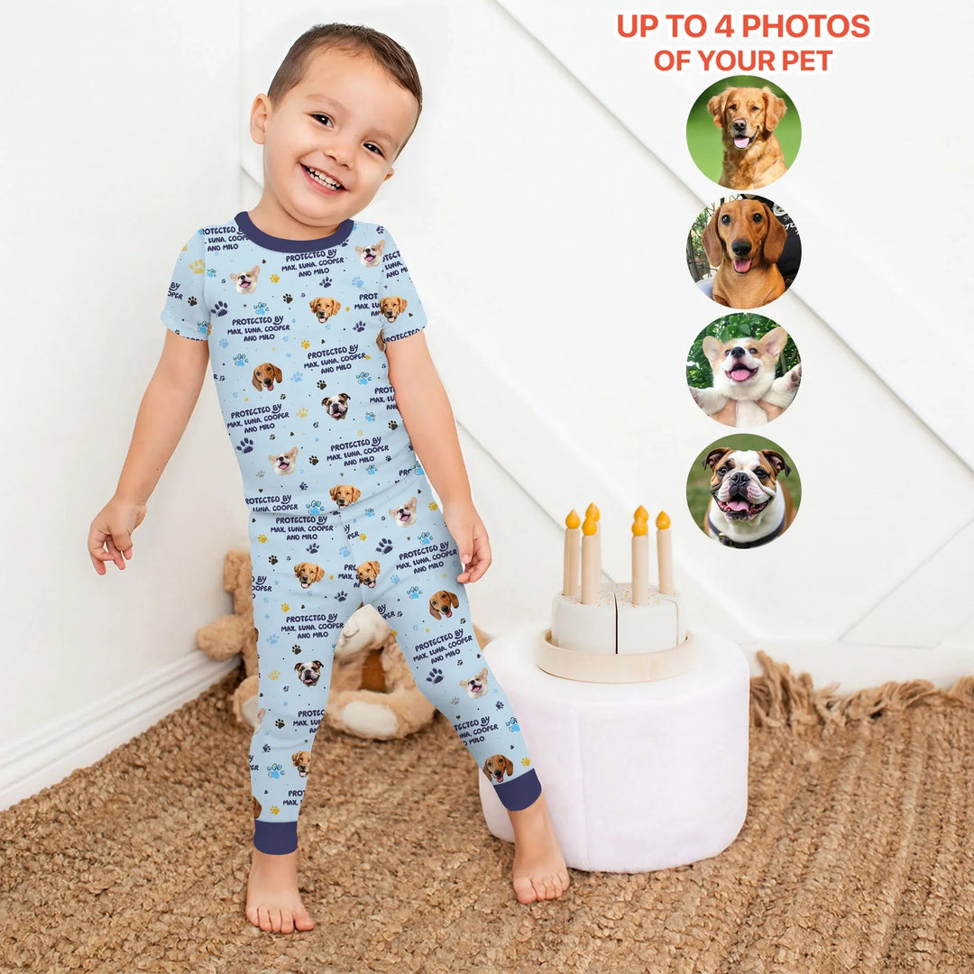 Custom Dog Photos "Protected By" Pawfect Blue Two Piece Short Sleeve Pajama Set - Zumbamboo