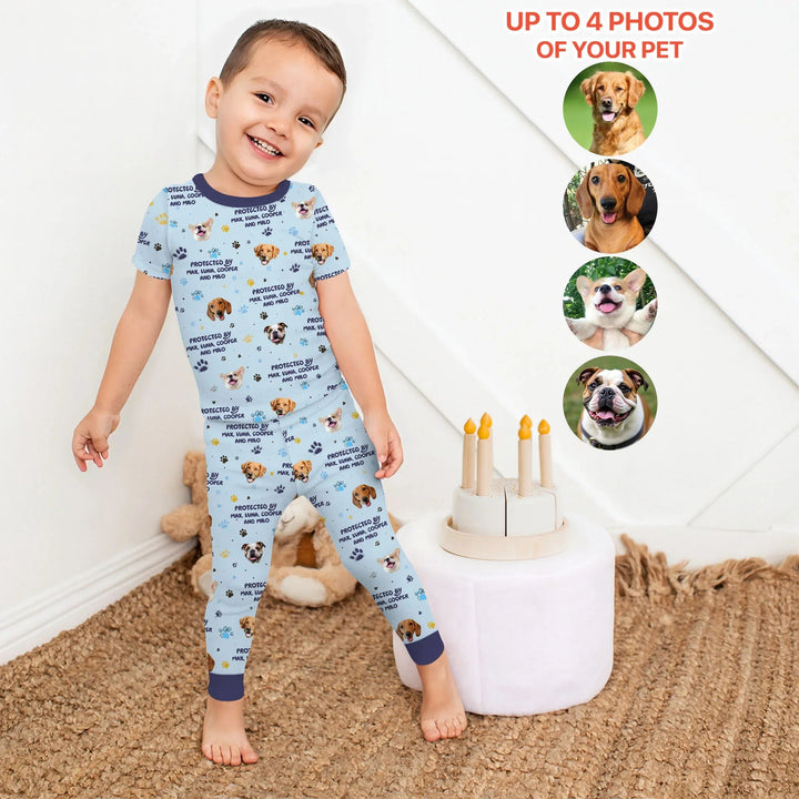 Custom Dog Photos "Protected By" Pawfect Blue Two Piece Short Sleeve Pajama Set - Zumbamboo