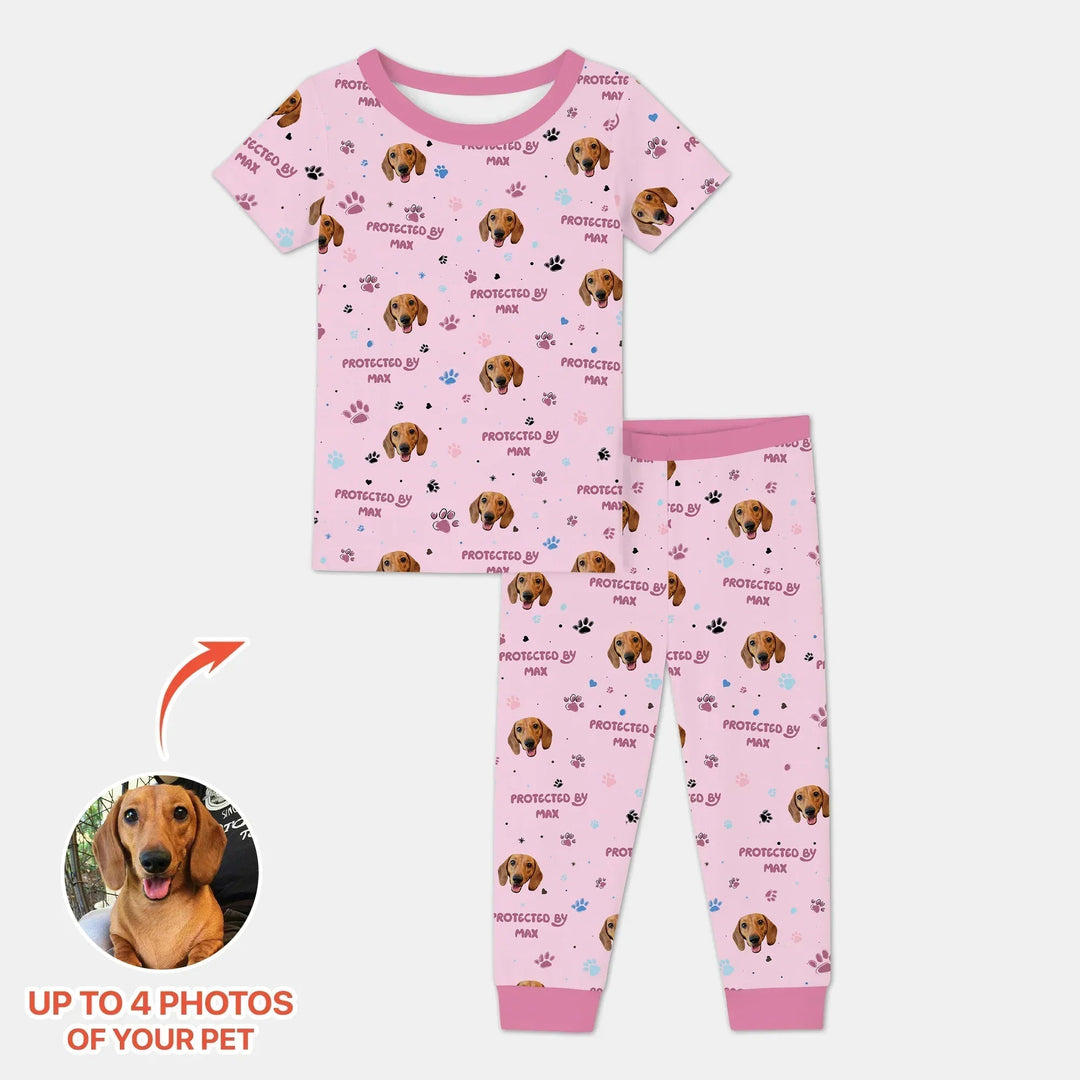 Custom Dog Photos "Protected By" Pawfect Blue Two Piece Short Sleeve Pajama Set - Zumbamboo