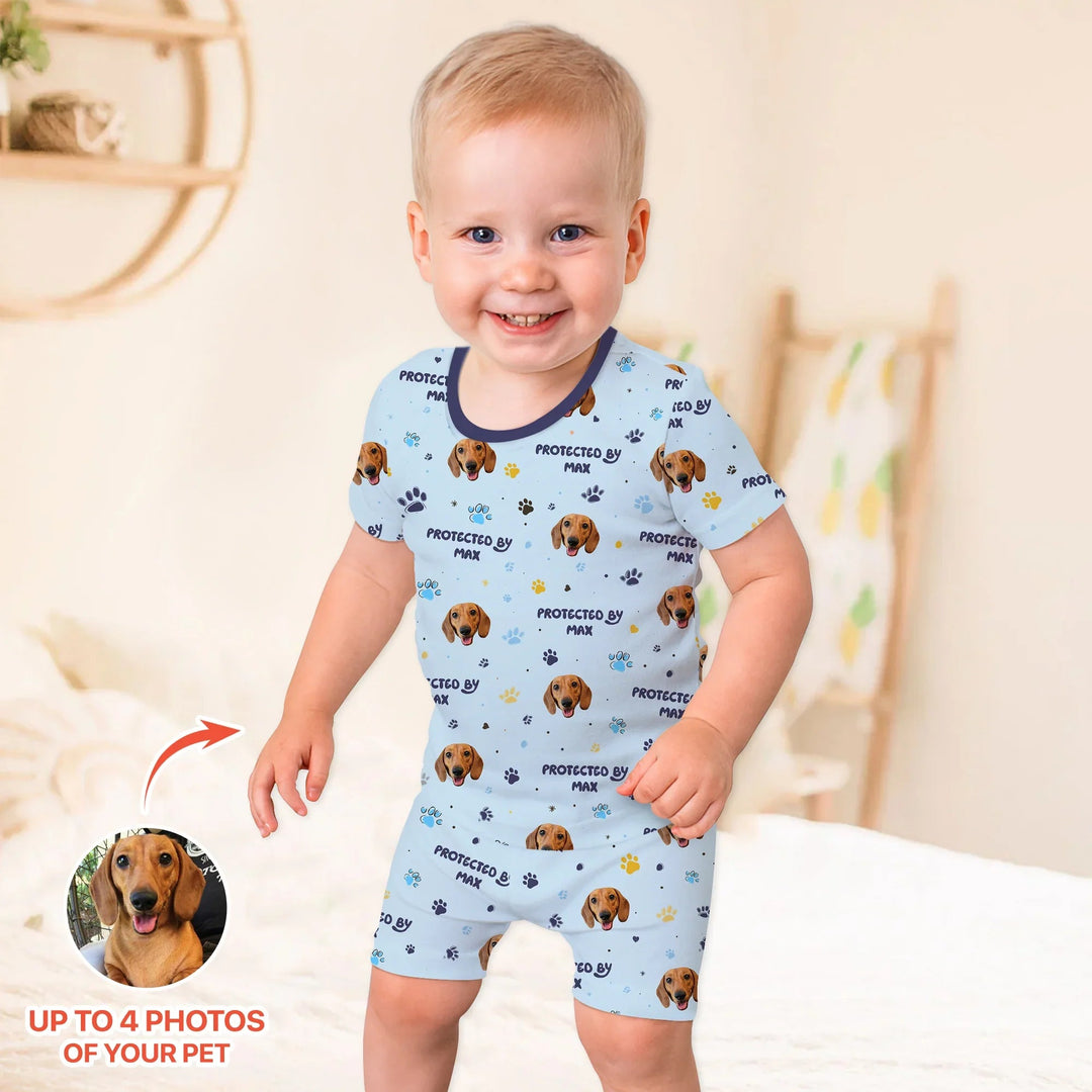 Custom Dog Photos "Protected By" Pawfect Blue Two Piece Short Sleeve Shorts Pajama Set - Zumbamboo