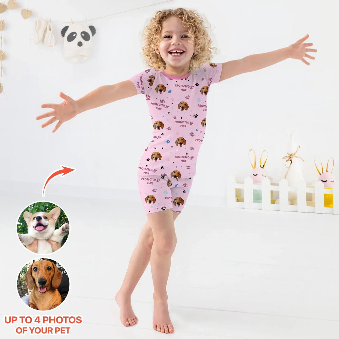 Custom Dog Photos "Protected By" Pawfect Pink Two Piece Short Sleeve Shorts Pajama Set - Zumbamboo