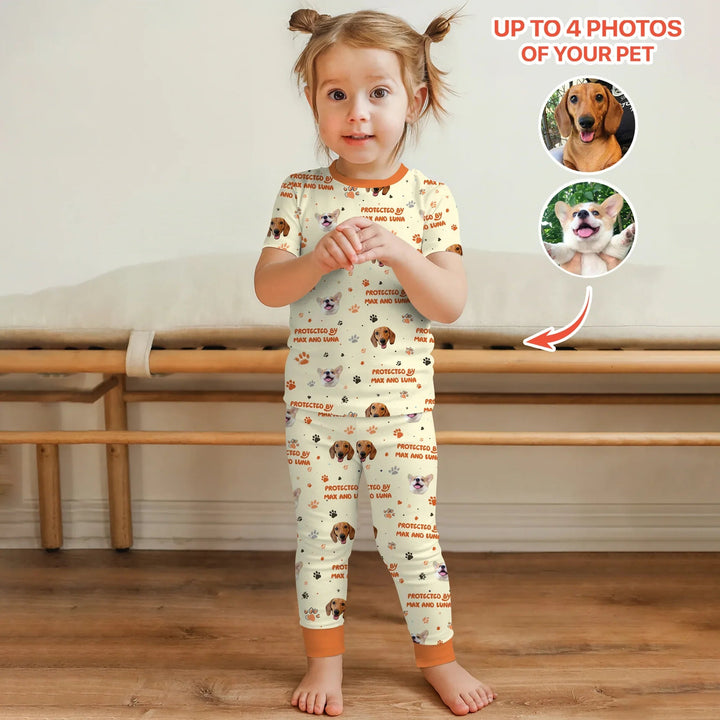 Custom Dog Photos "Protected By" Pawfect Yellow Two Piece Short Sleeve Pajama Set - Zumbamboo