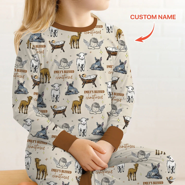 Custom Name Baby Blessed Christmas Two Piece Long Sleeve Pajama Set - Zumbamboo