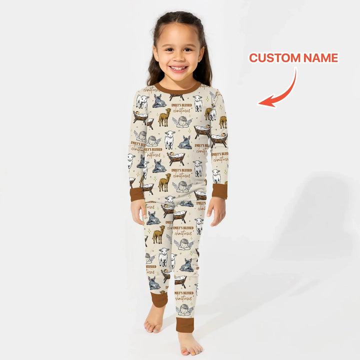 Custom Name Baby Blessed Christmas Two Piece Long Sleeve Pajama Set - Zumbamboo
