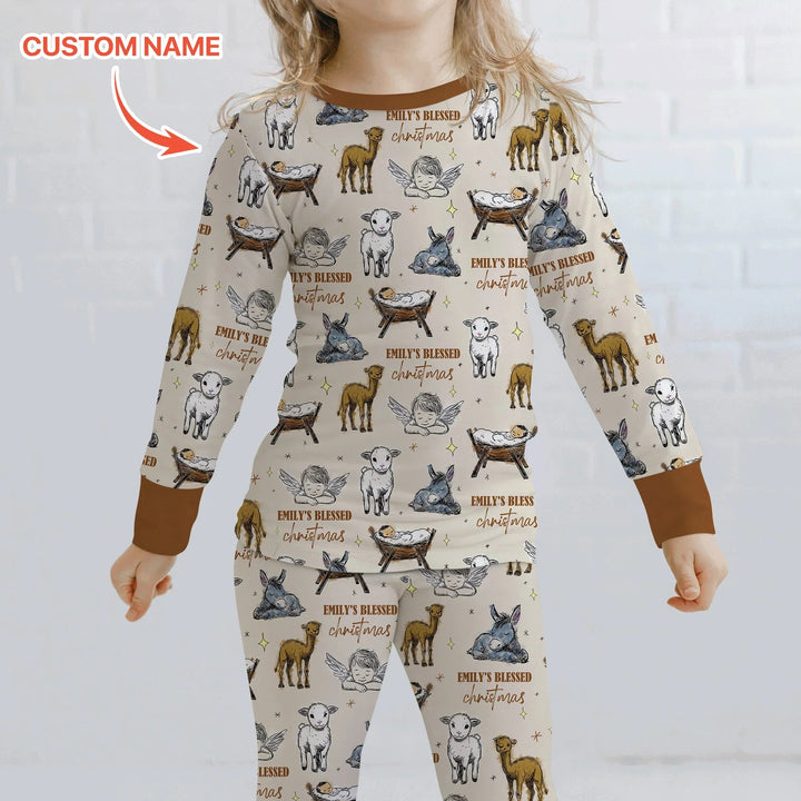 Custom Name Baby Blessed Christmas Two Piece Long Sleeve Pajama Set - Zumbamboo