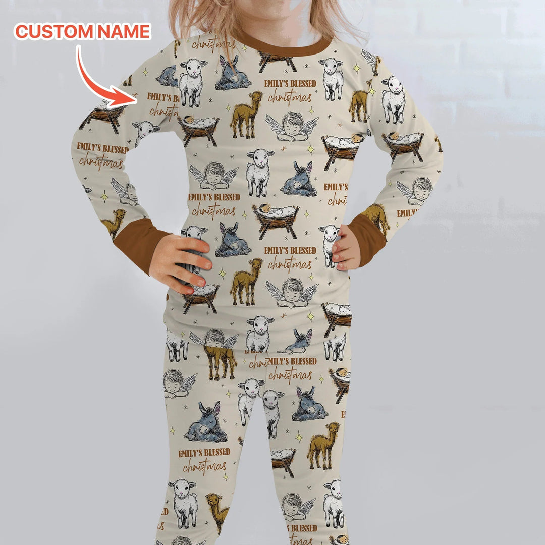 Custom Name Baby Blessed Christmas Two Piece Long Sleeve Pajama Set - Zumbamboo