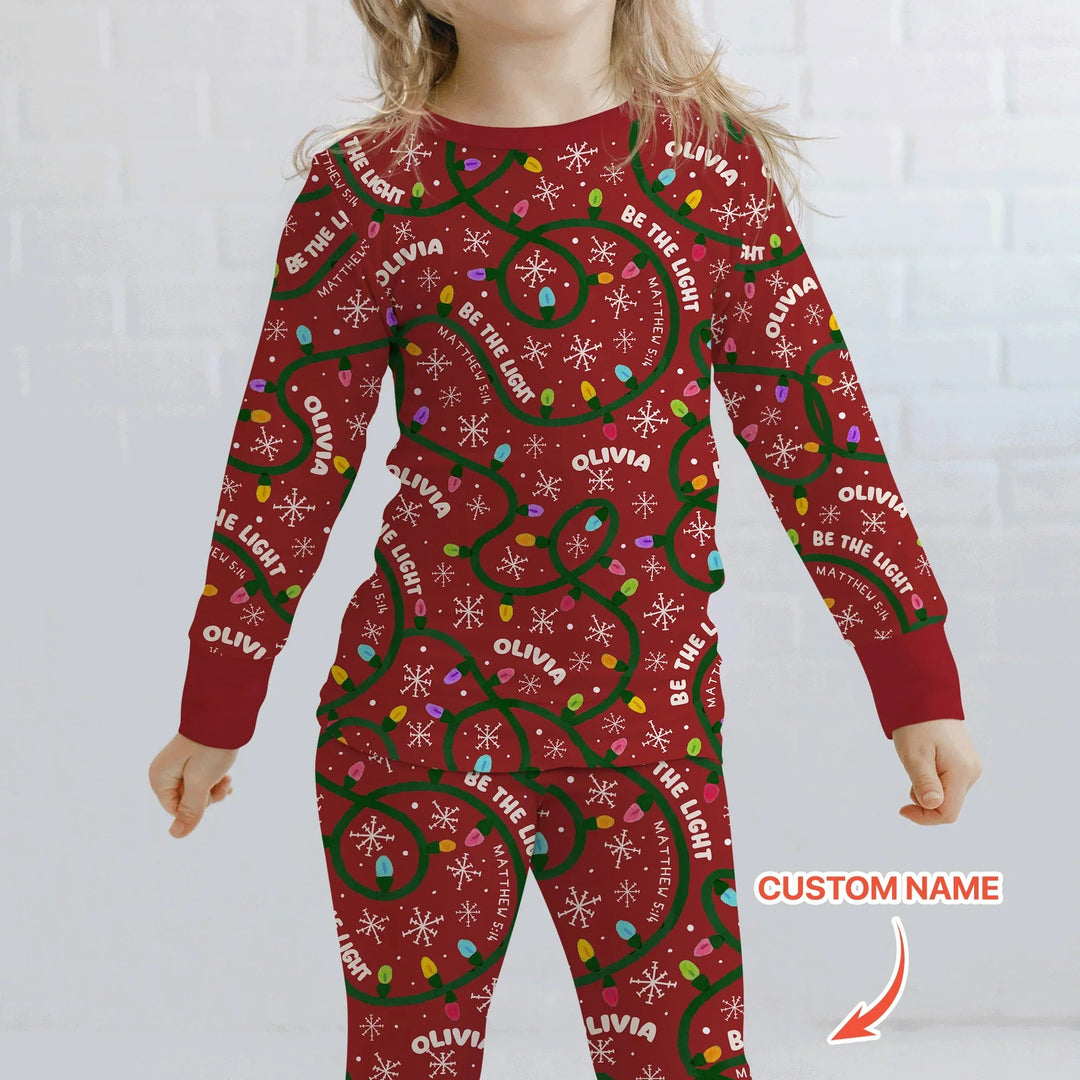 Custom Name Be The Light Christmas Two Piece Long Sleeve Pajama Set - Zumbamboo