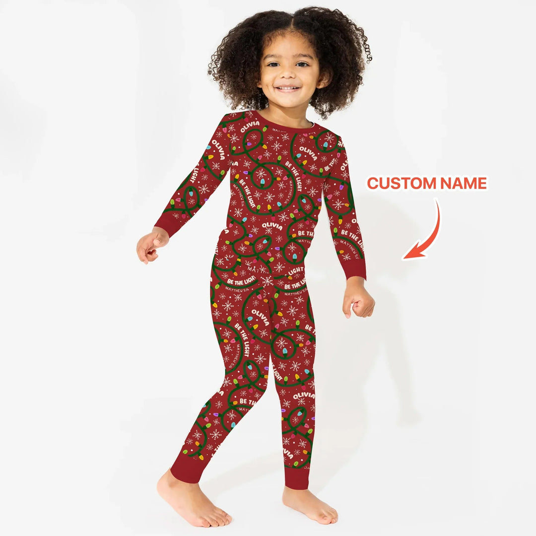 Custom Name Be The Light Christmas Two Piece Long Sleeve Pajama Set - Zumbamboo