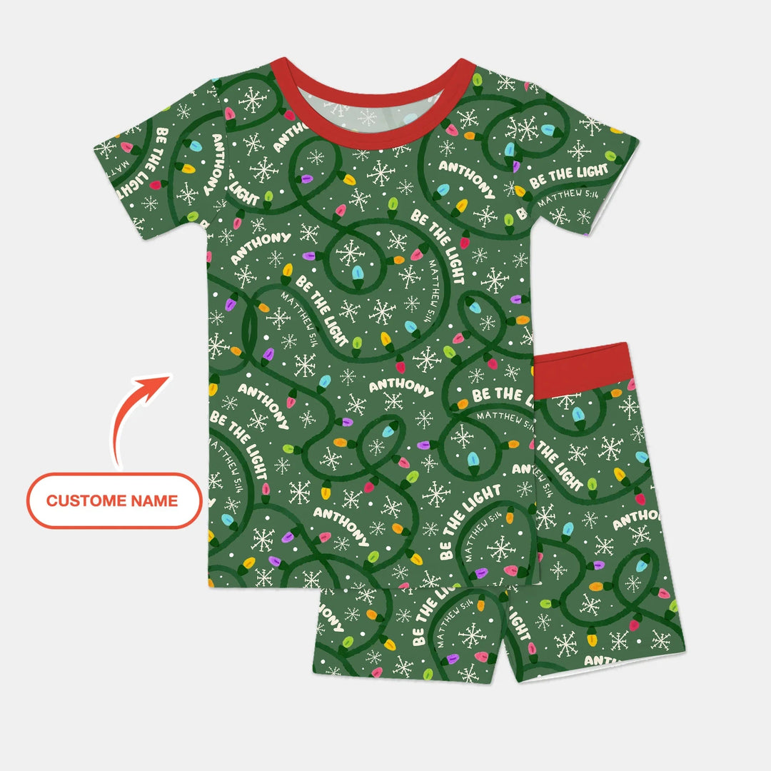 Custom Name Be The Light Christmas Two Piece Short Sleeve Shorts Pajama Set - Zumbamboo