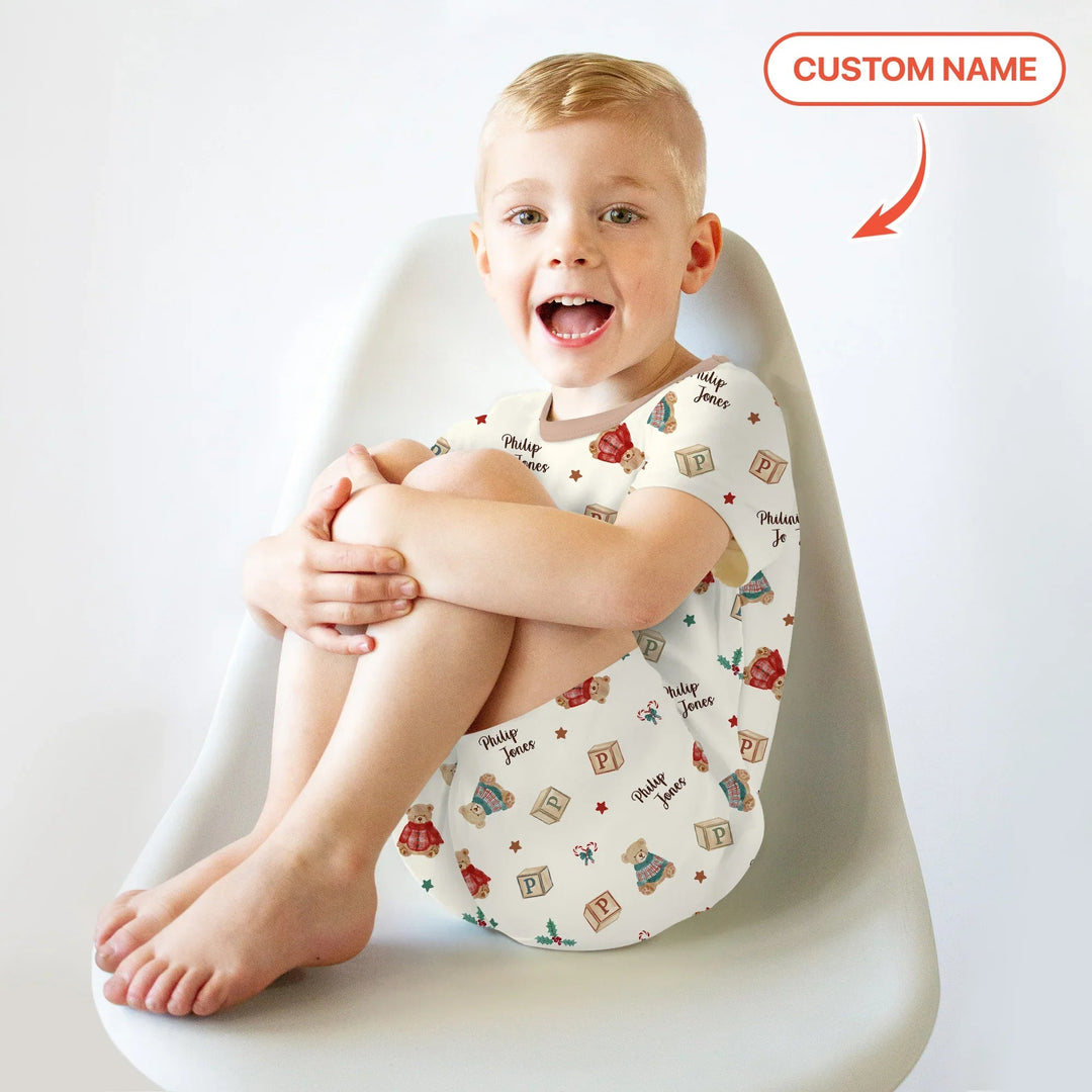Custom Name Christmas Teddy Bear Two Piece Short Sleeve Shorts Pajama Set - Zumbamboo