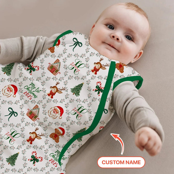 Custom name "Fancy Monogram Green Christmas 2025" Sleep Bag - Zumbamboo