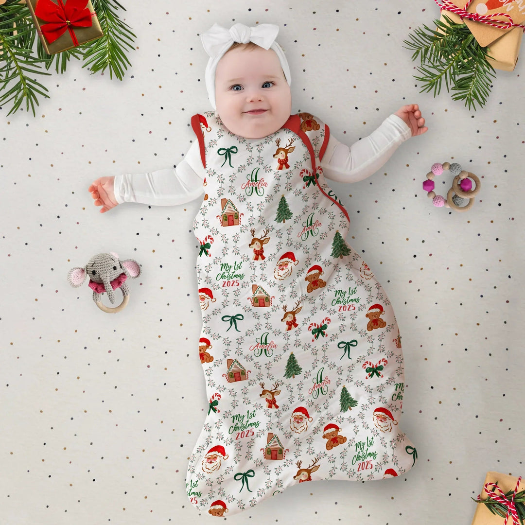 Custom name "Fancy Monogram Red Christmas 2025" Sleep Bag - Zumbamboo