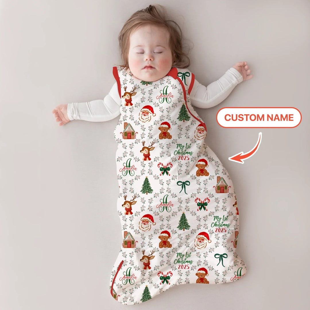 Custom name "Fancy Monogram Red Christmas 2025" Sleep Bag - Zumbamboo