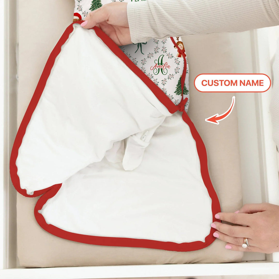 Custom name "Fancy Monogram Red Christmas 2025" Sleep Bag - Zumbamboo