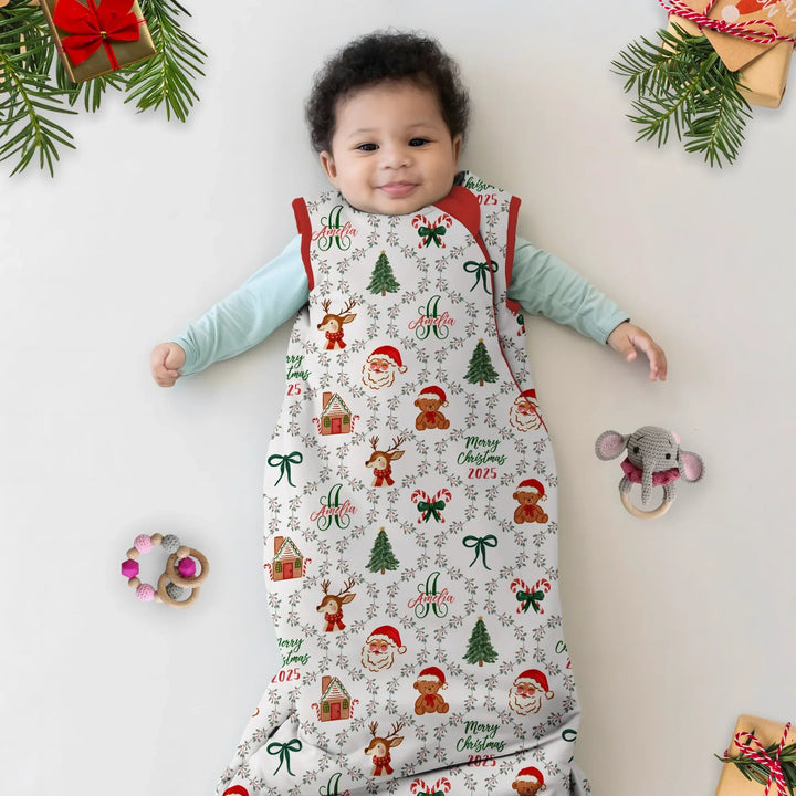 Custom name "Fancy Monogram Red Christmas 2025" Sleep Bag - Zumbamboo