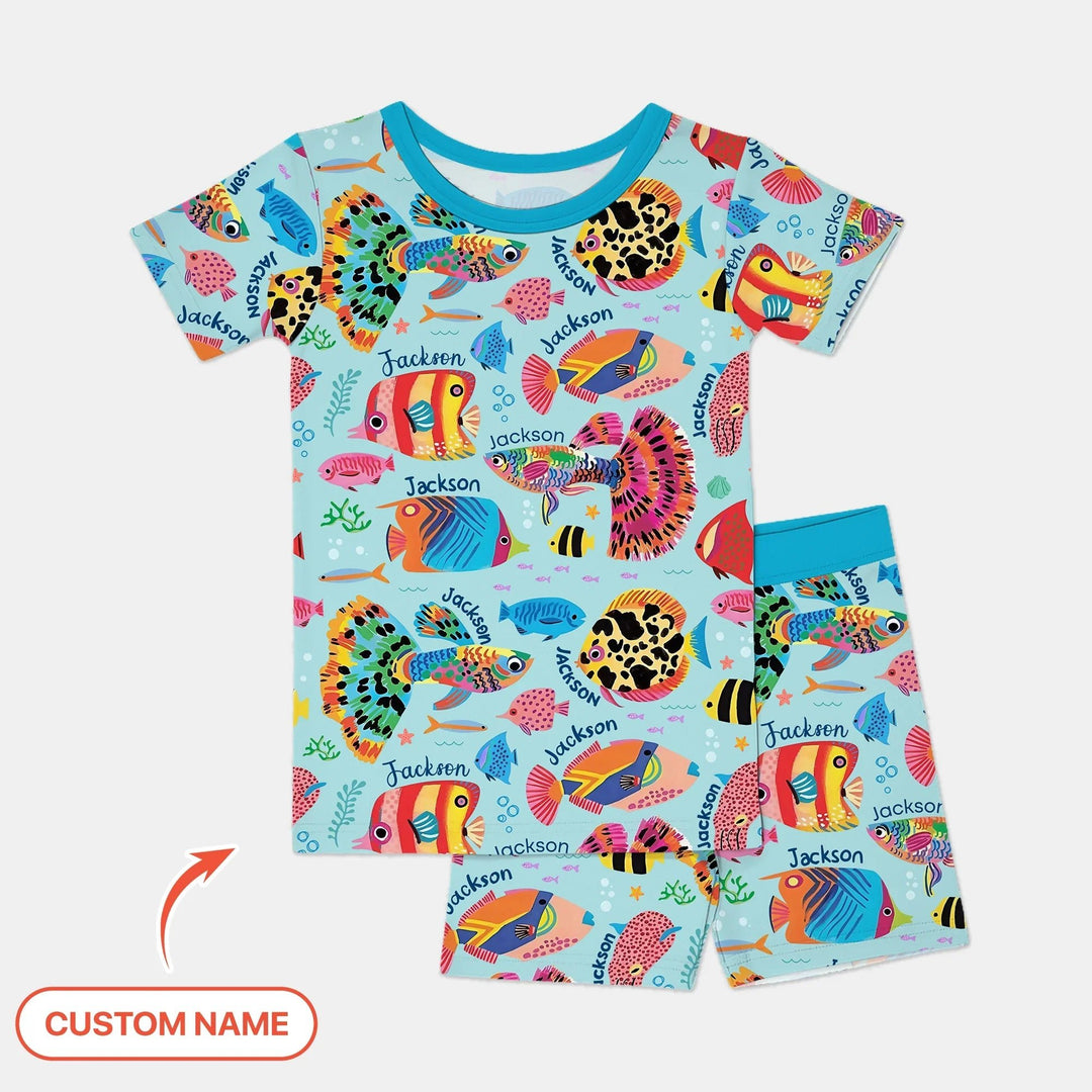 Custom Name Fish Dream Two Piece Short Sleeve Shorts Pajama Set - Zumbamboo