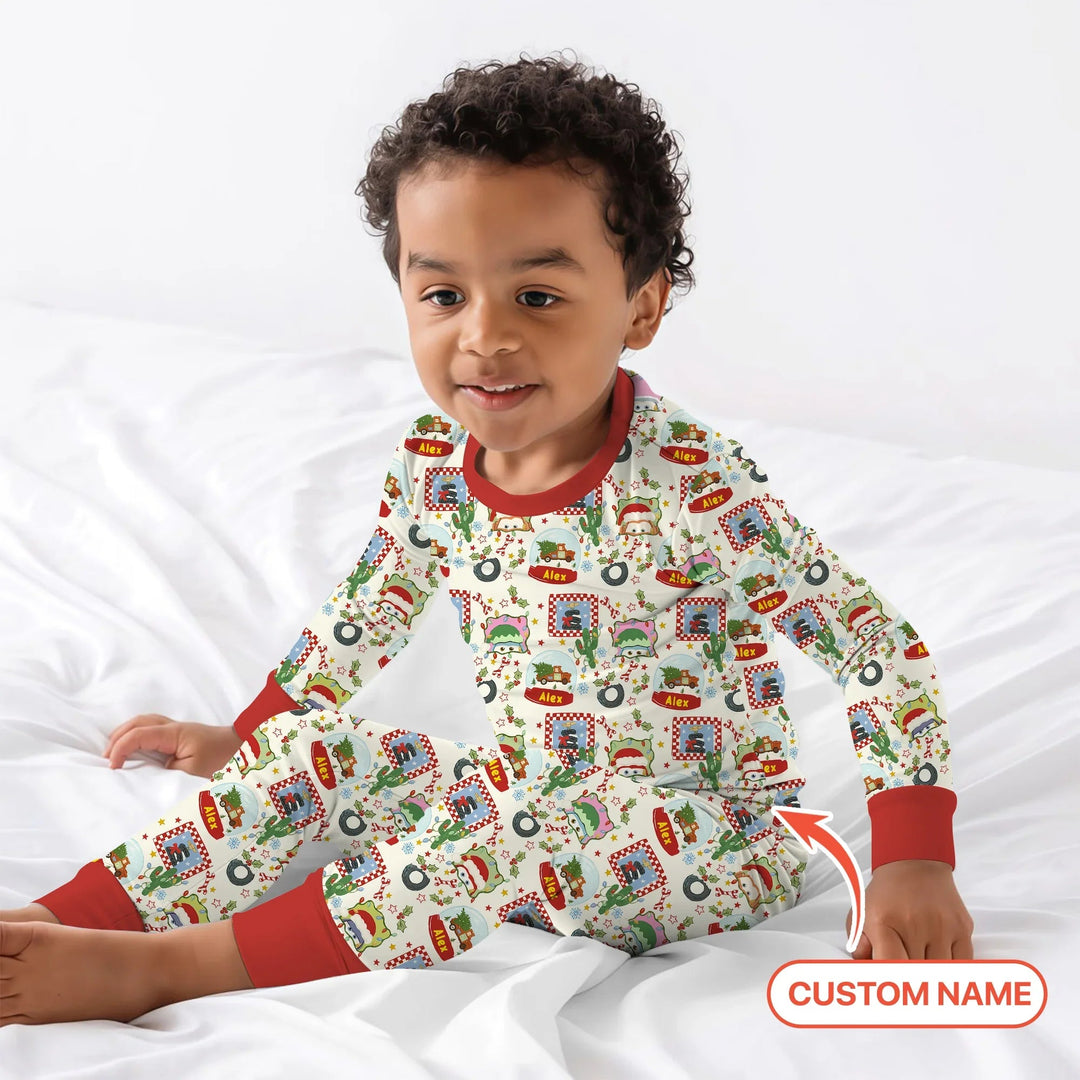 Custom Name Funny Christmas Cars Two Piece Long Sleeve Pajama Set - Zumbamboo