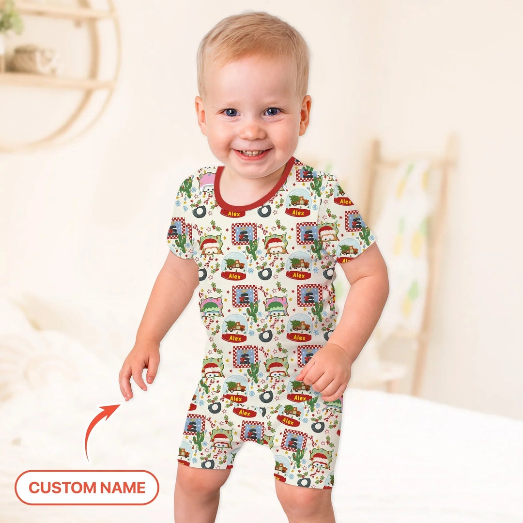 Custom Name Funny Christmas Cars Two Piece Short Sleeve Shorts Pajama Set - Zumbamboo