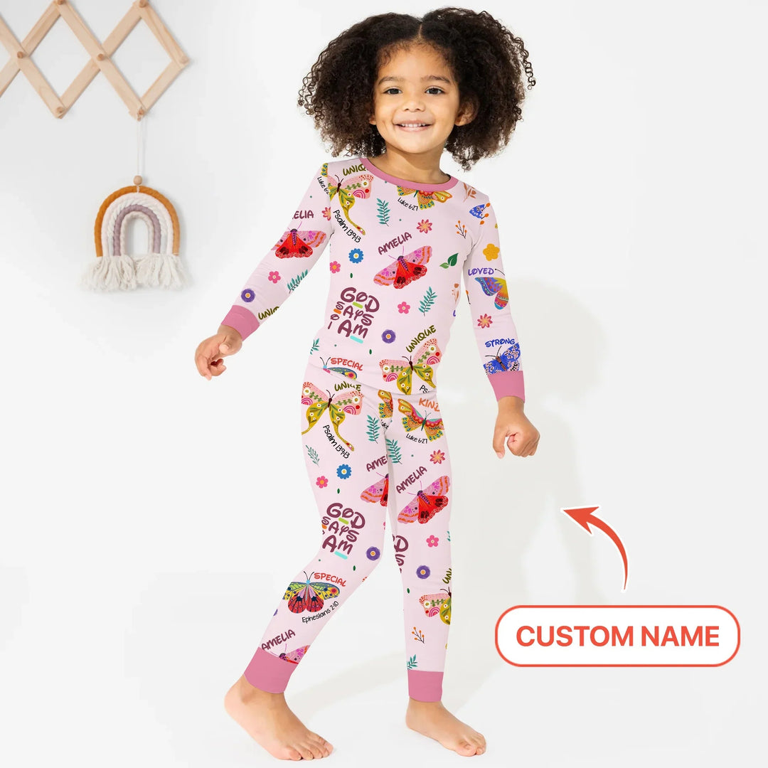 Custom Name God says I am Butterfly Two Piece Long Sleeve Pajama Set - Zumbamboo