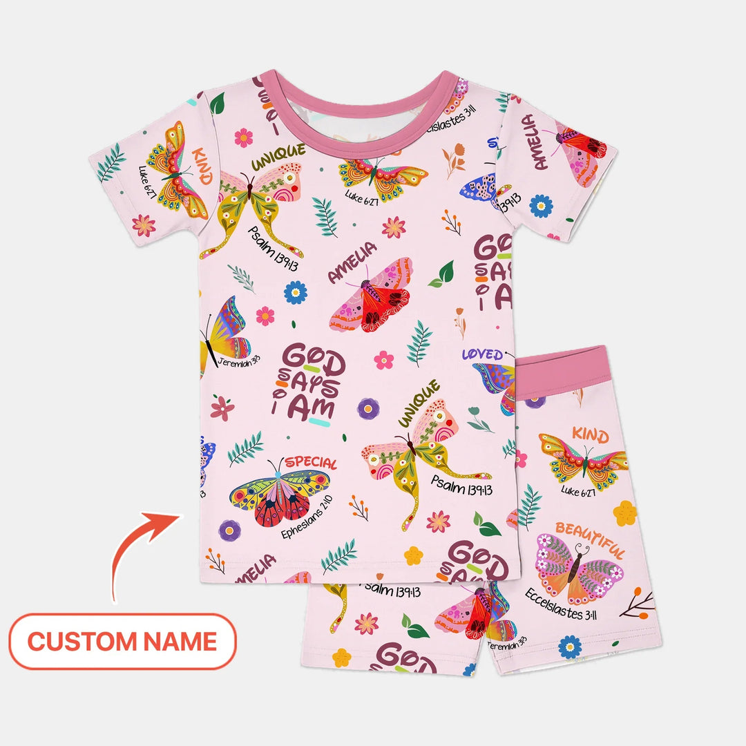 Custom Name God says I am Butterfly Two Piece Short Sleeve Shorts Pajama Set - Zumbamboo