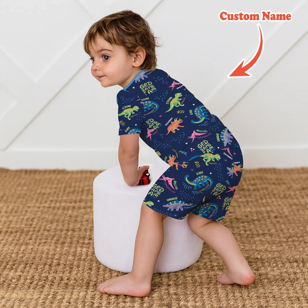 Custom Name God says I am Dinosaur Two Piece Short Sleeve Shorts Pajama Set - Zumbamboo