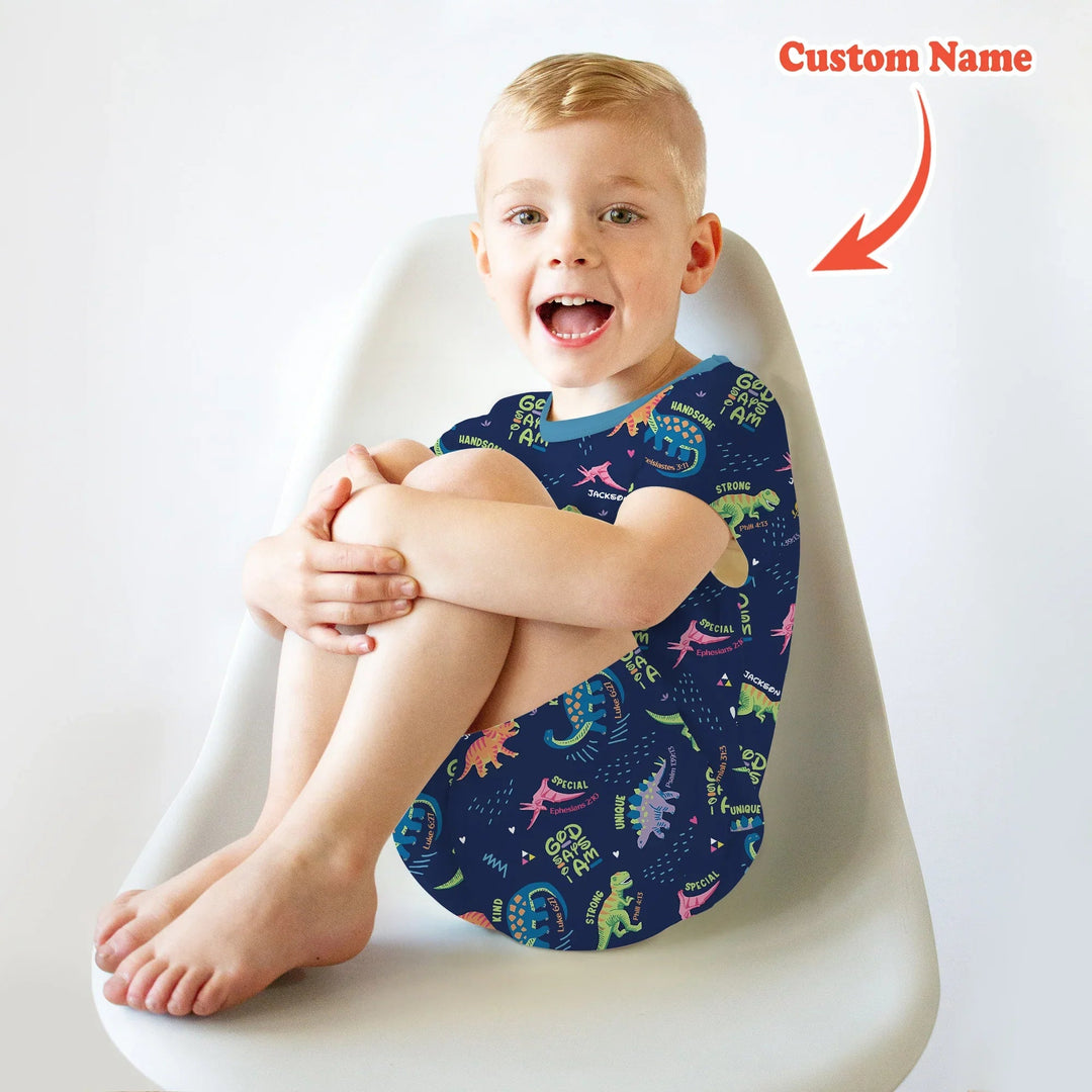 Custom Name God says I am Dinosaur Two Piece Short Sleeve Shorts Pajama Set - Zumbamboo