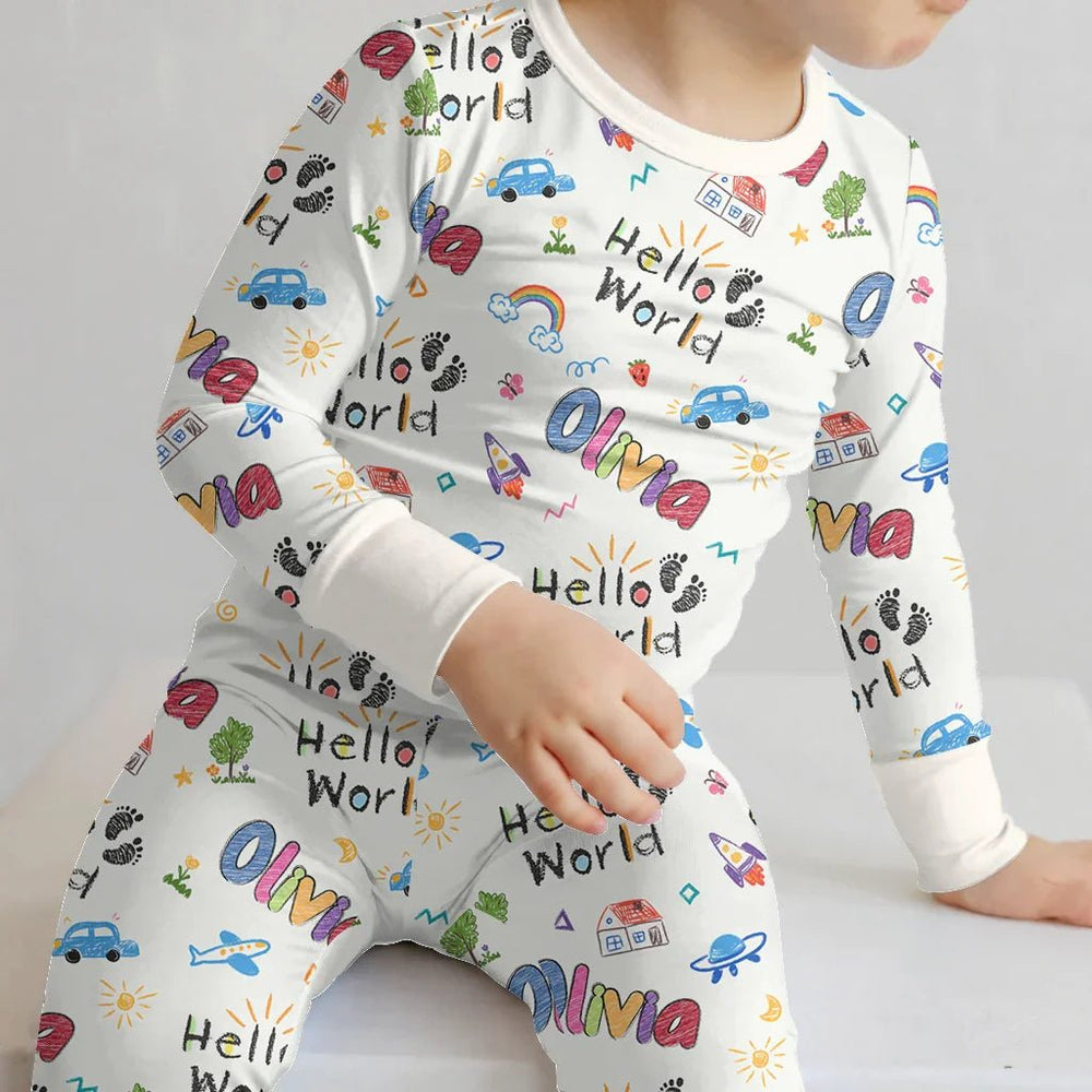 Custom name "Hello World" - Crayon Style Long Sleeve Pajama Set - Zumbamboo