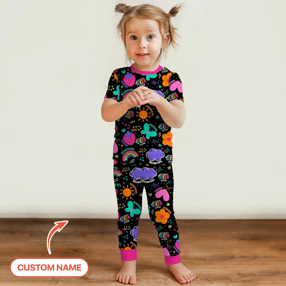 Custom Name Little Melanin Queen Two Piece Short Sleeve Pajama Set - Zumbamboo