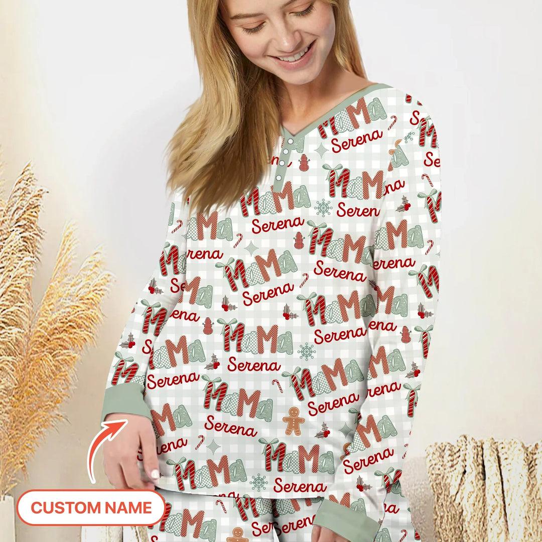 Custom Name Mama Mini Matching Christmas Women Pajama Set (Green) - Zumbamboo