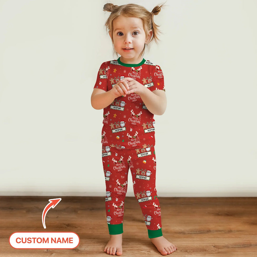 Custom Name "Merry Christmas My Deer" For Girl - Two Piece Short Sleeve Pajama Set - Zumbamboo