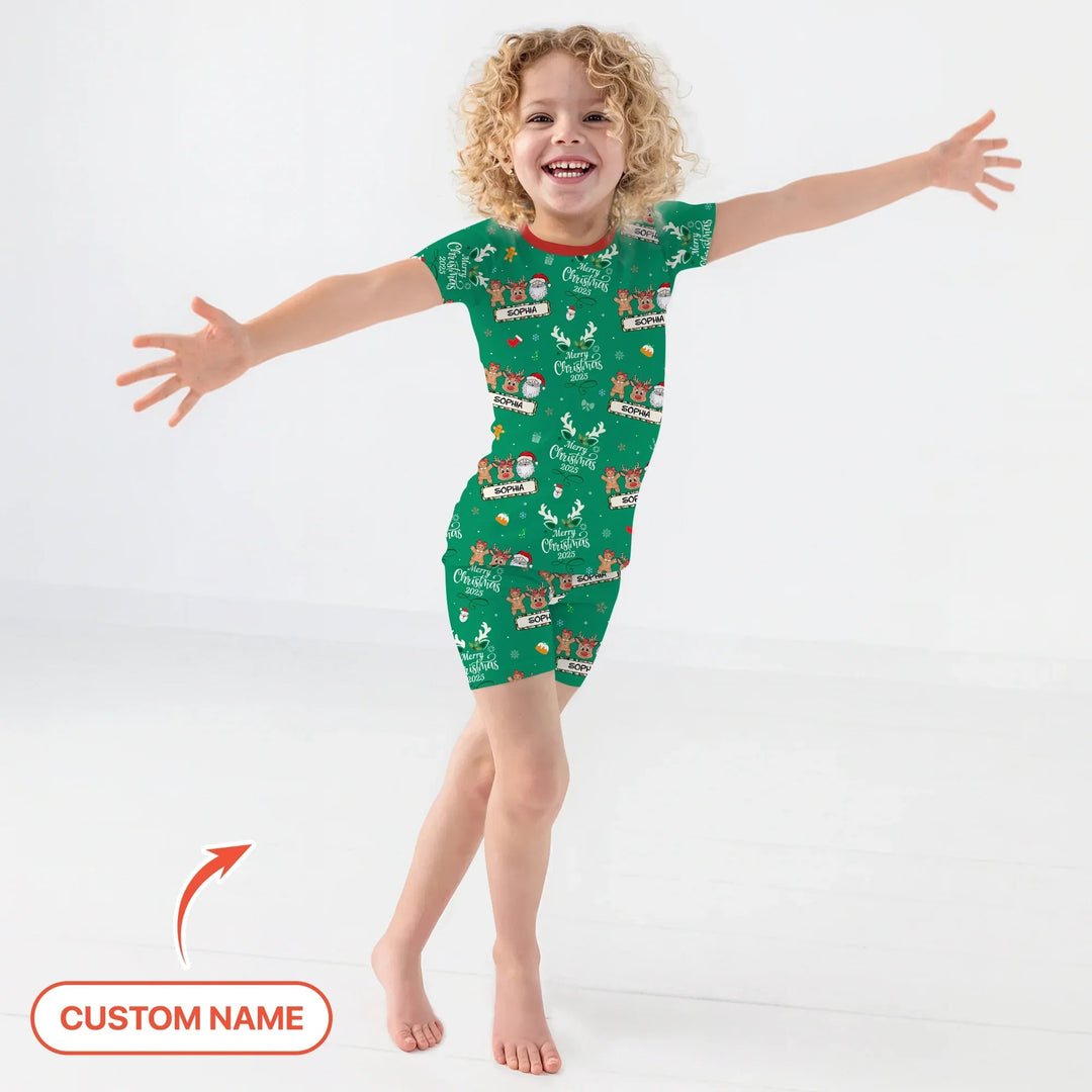 Custom Name "Merry Christmas My Deer" For Girl - Two Piece Short Sleeve Shorts Pajama Set - Zumbamboo