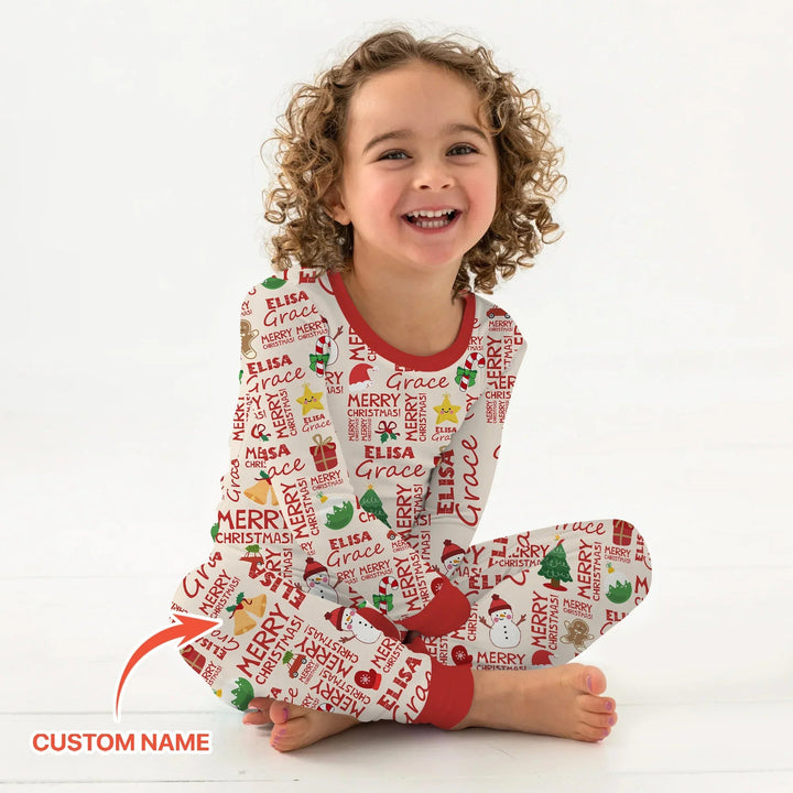 Custom Name Merry Christmas Two Piece Long Sleeve Pajama Set - Zumbamboo
