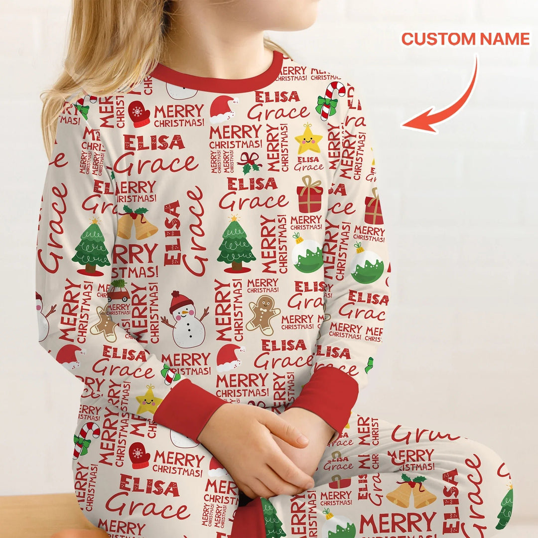 Custom Name Merry Christmas Two Piece Long Sleeve Pajama Set - Zumbamboo