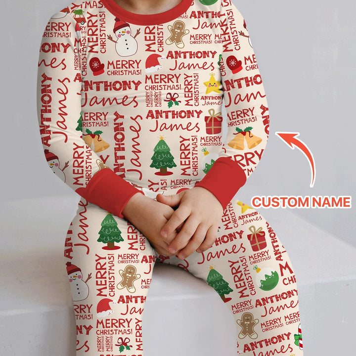 Custom Name Merry Christmas Two Piece Long Sleeve Pajama Set - Zumbamboo