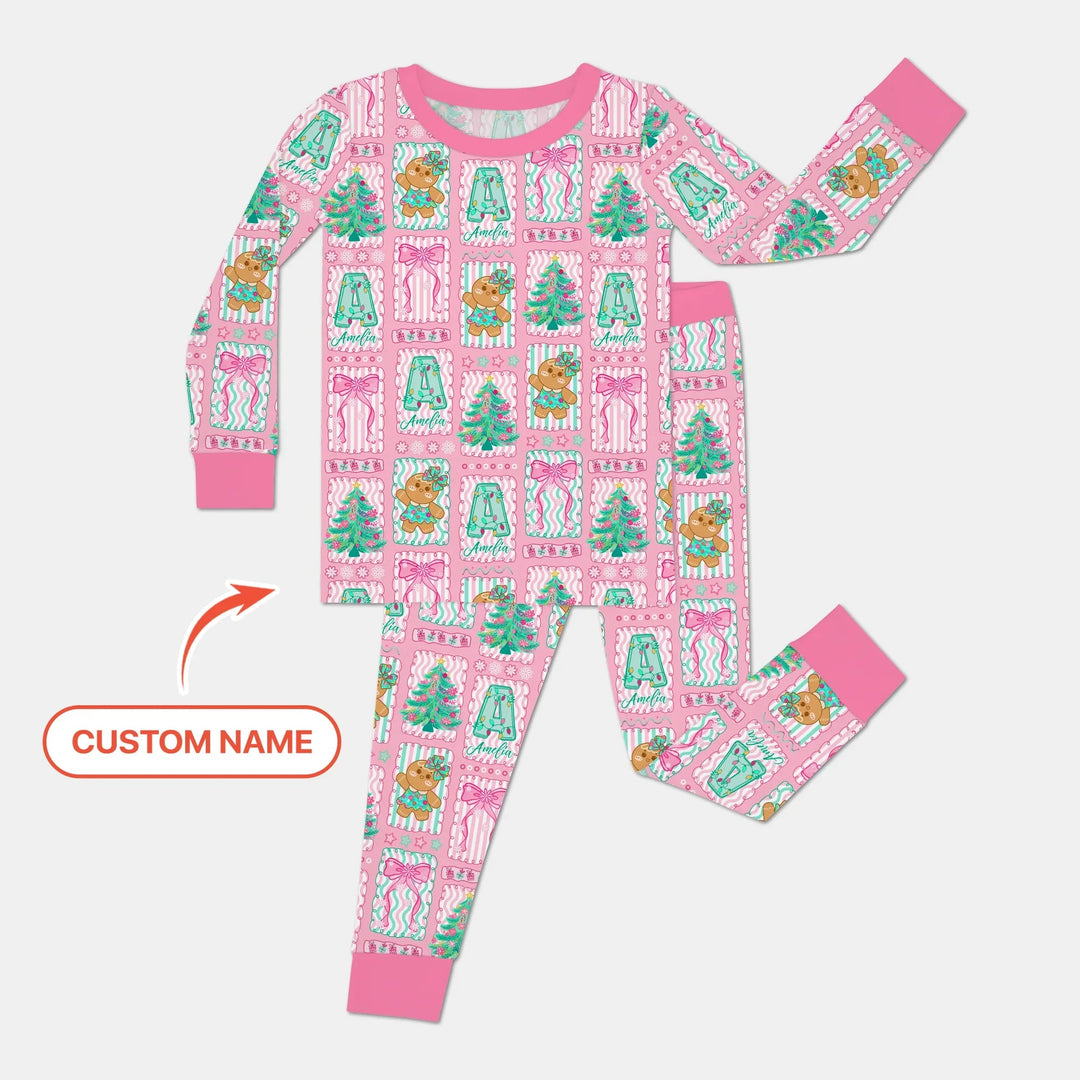 Custom Name "Merry Pink Christmas" Two Piece Long Sleeve Pajama Set - Zumbamboo