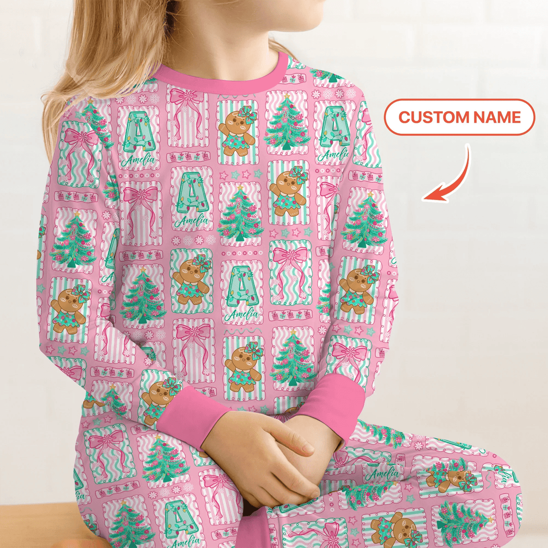 Custom Name "Merry Pink Christmas" Two Piece Long Sleeve Pajama Set - Zumbamboo