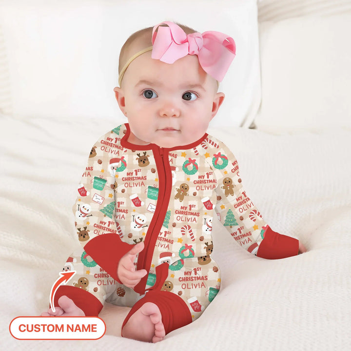 Custom Name My First Christmas Mocha Gingham Convertible Zippy - Zumbamboo
