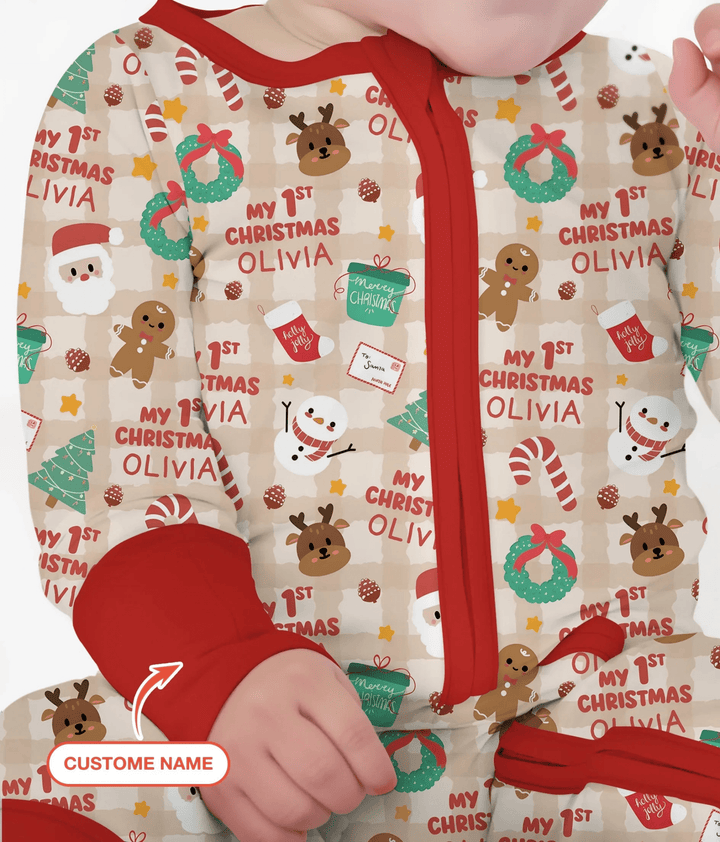 Custom Name My First Christmas Mocha Gingham Convertible Zippy - Zumbamboo