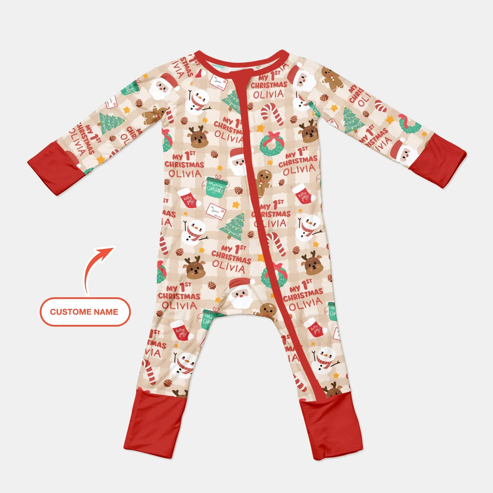 Custom Name My First Christmas Mocha Gingham Convertible Zippy - Zumbamboo